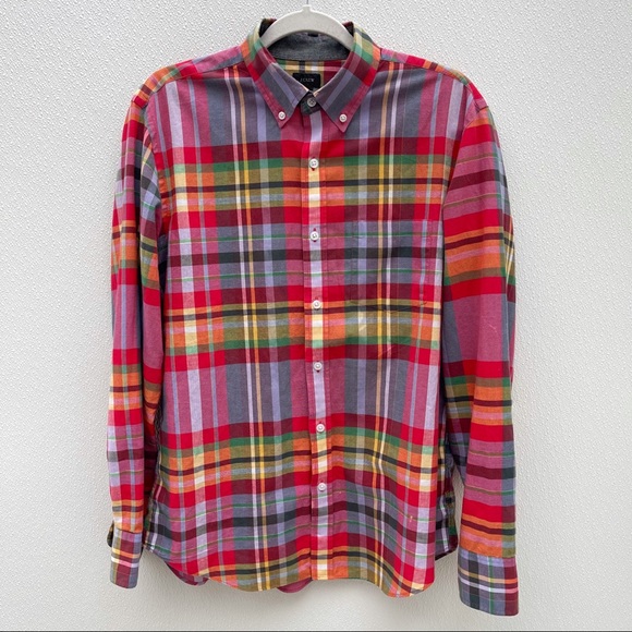 J. Crew plaid button up shirt medium red blue Christmas holiday thanksgiving - Picture 1 of 4